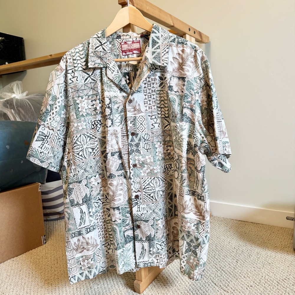 Vintage RJC Hawaiian Camp Shirt Large Green Floral Reverse Print Size 2XL Y2K